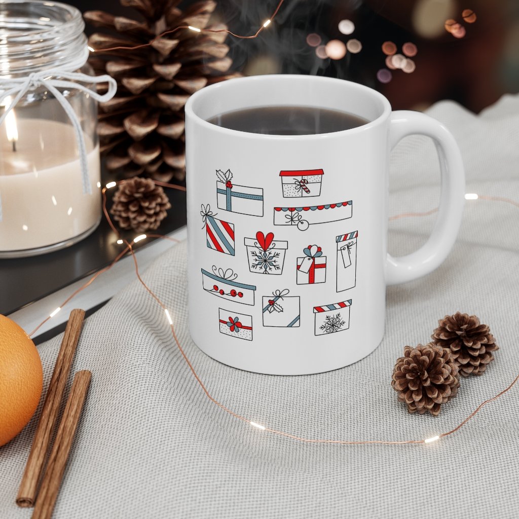 Taza de Feliz Navidad con Medias y Regalos 