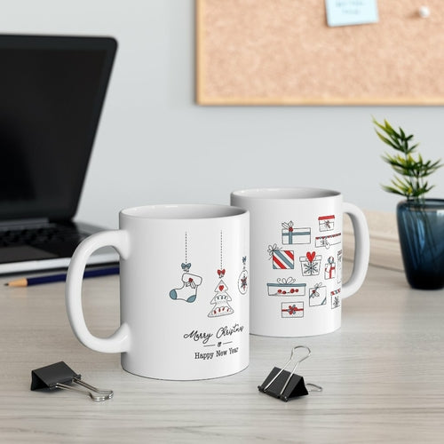 Taza de Feliz Navidad con Medias y Regalos 