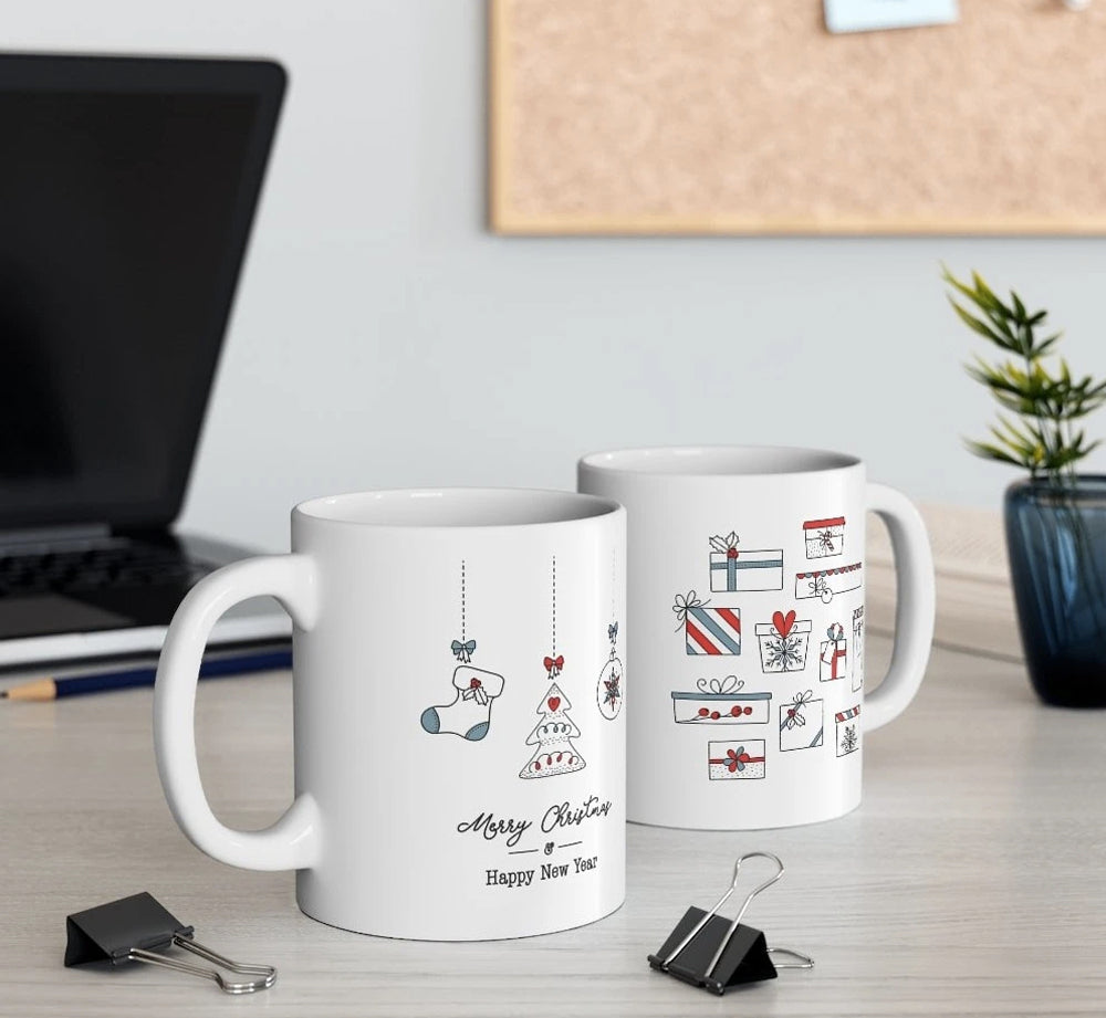 Taza de Feliz Navidad con Medias y Regalos 