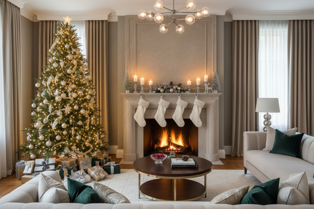 Habitación navideña con chimenea, regalos y árbol