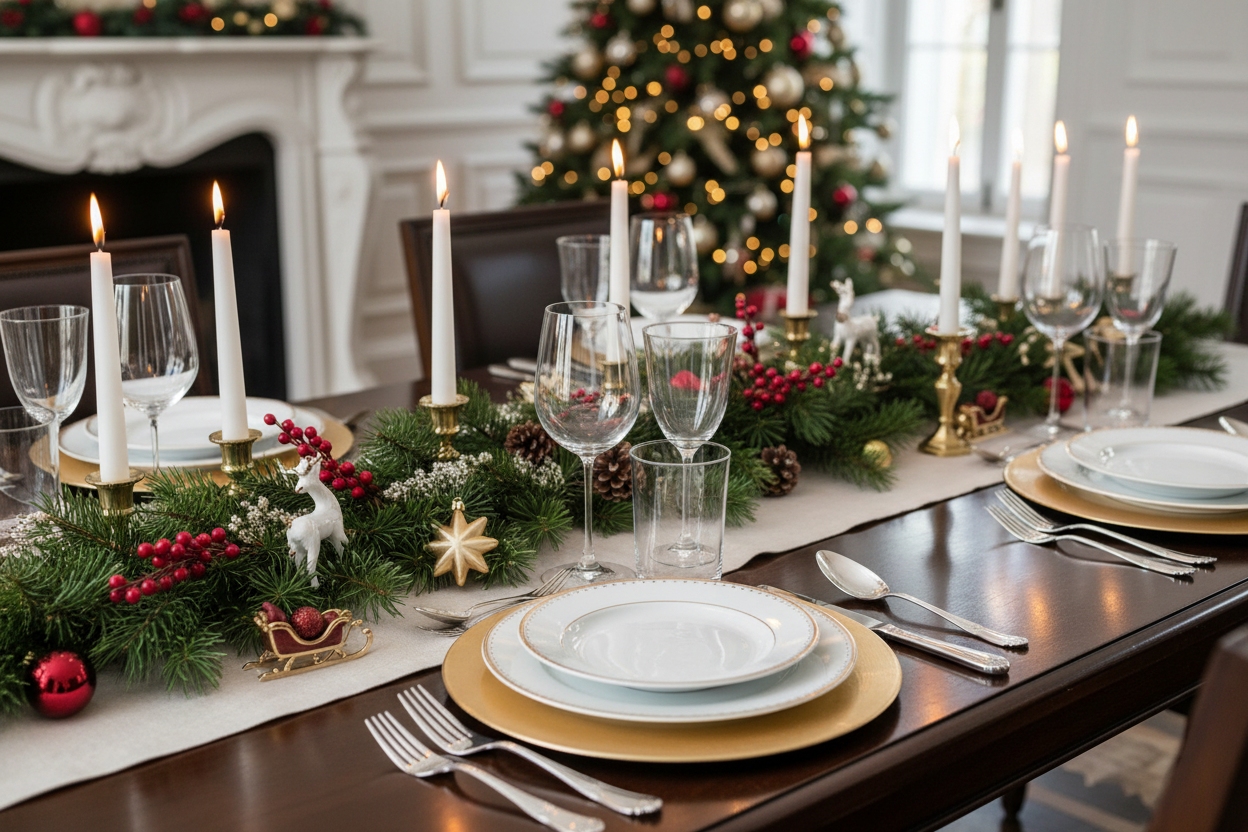 Mesa navideña con vajilla elegante