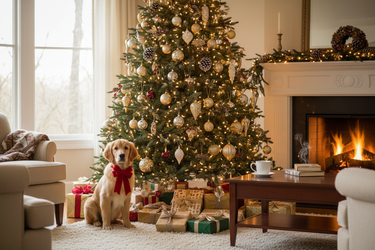 Perro debajo del árbol de Navidad