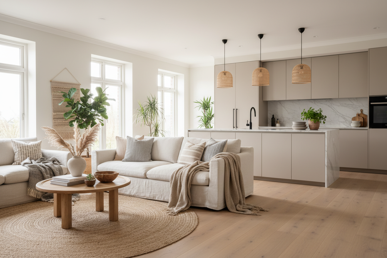 Salón elegante con cocina abierta